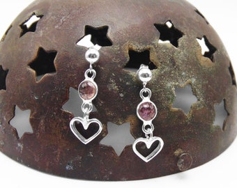 Little Pink Tourmaline Earrings in Sterling Silver - Heart Stud Earrings with Natural Pink Tourmaline - Dangle Earrings