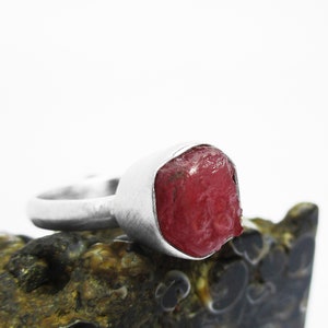 Raw Ruby Ring in Sterling Silver - Uncut Rough Pink Ruby Cocktail Ring - Modern Statement Ring - Satin Finish - July Birthstone
