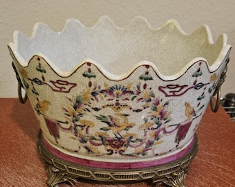 Vintage Crackled Planter with Bright Colored Decorations