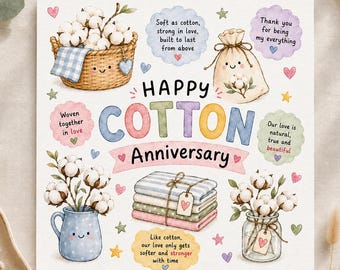Karte zum 2. Hochzeitstag, Karte zum Baumwollhochzeitstag für Ehemann und Ehefrau, Geschenk zum zweiten Jahrestag, süße romantische Baumwollkarte