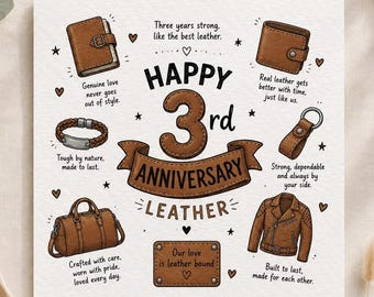 Karte zum 3. Hochzeitstag für Sie oder Ihn | Lederhochzeitskarte | Karte zum 3. Jahrestag | Unsere Liebe ist in Leder gebunden | Karte für Ehemann und Ehefrau