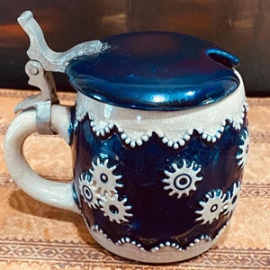 Vintage Mustard Pot - Glazed Pottery - Blue - Gray