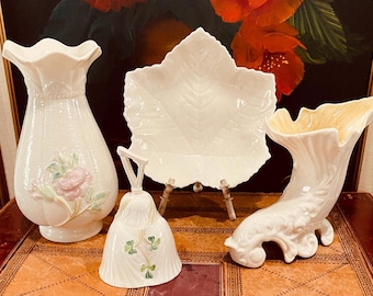 Belleek - Irisches Porzellan - Vintage - Vase - Trinket Tablett - Glocke - Füllhorn