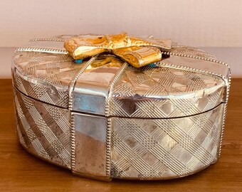 Vintage Metal Trinket Box, Silver & Gold Tone Jewelry Box
