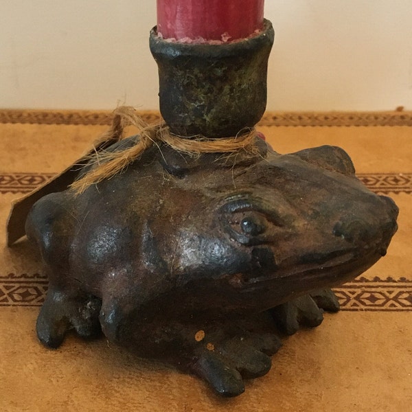 Vintage  Cast Metal Frog Candlestick - Blue Handworks