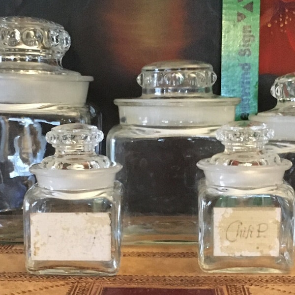 Set of 5 - Glass Storage Jars - Counter Jars - Kitchen Decor - Store Decor - Vintage - Square - Tall 6"   5"  4 1/2"  3 1/2"