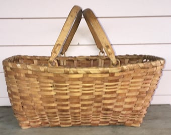 American Splint Ash Gathering Basket  Hand Crafted   2 Bentwood  Swing Handles  Farmhouse   Country Decor