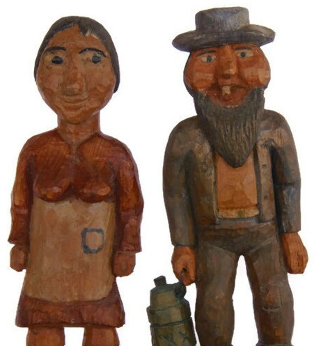 Hand Carved Folk Art Primitive Man and Woman, Country Folk, Wooden Folk ...