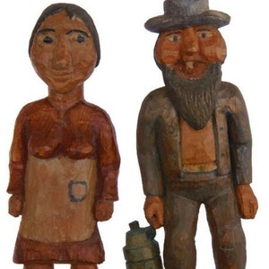 Hand Carved Folk Art Primitive Man and Woman, Country Folk, Wooden Folk Art Figure, Collectible