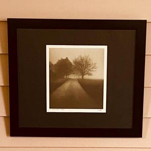 May include: A black framed photograph of a sepia-toned landscape with two trees and a dirt road leading into the distance.