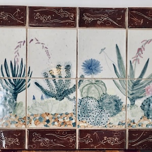 Vintage Hand Painted Cactus & Desert Flowers - Tile Picture - Original - Wall Hanging