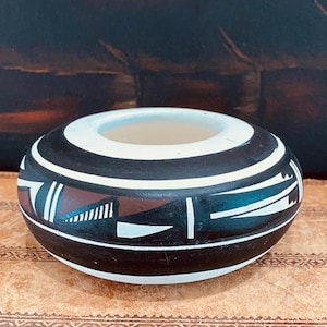MCM   Vase  Hand Painted   Signed  Geometric Design -Brown Accents