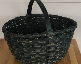 Vintage  Large  Hand Crafted Basket  Split Oak  Gathering  Market  Country Decor  Black