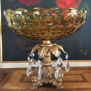 Glass Bowl - Comport - Amber - Glass Droppers - Clasical Metal Base - Vintage - Home Decor