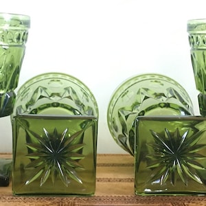 Vintage  Pressed Glass - Set of 4 - Square Base Goblets - Olive Green - 1960s