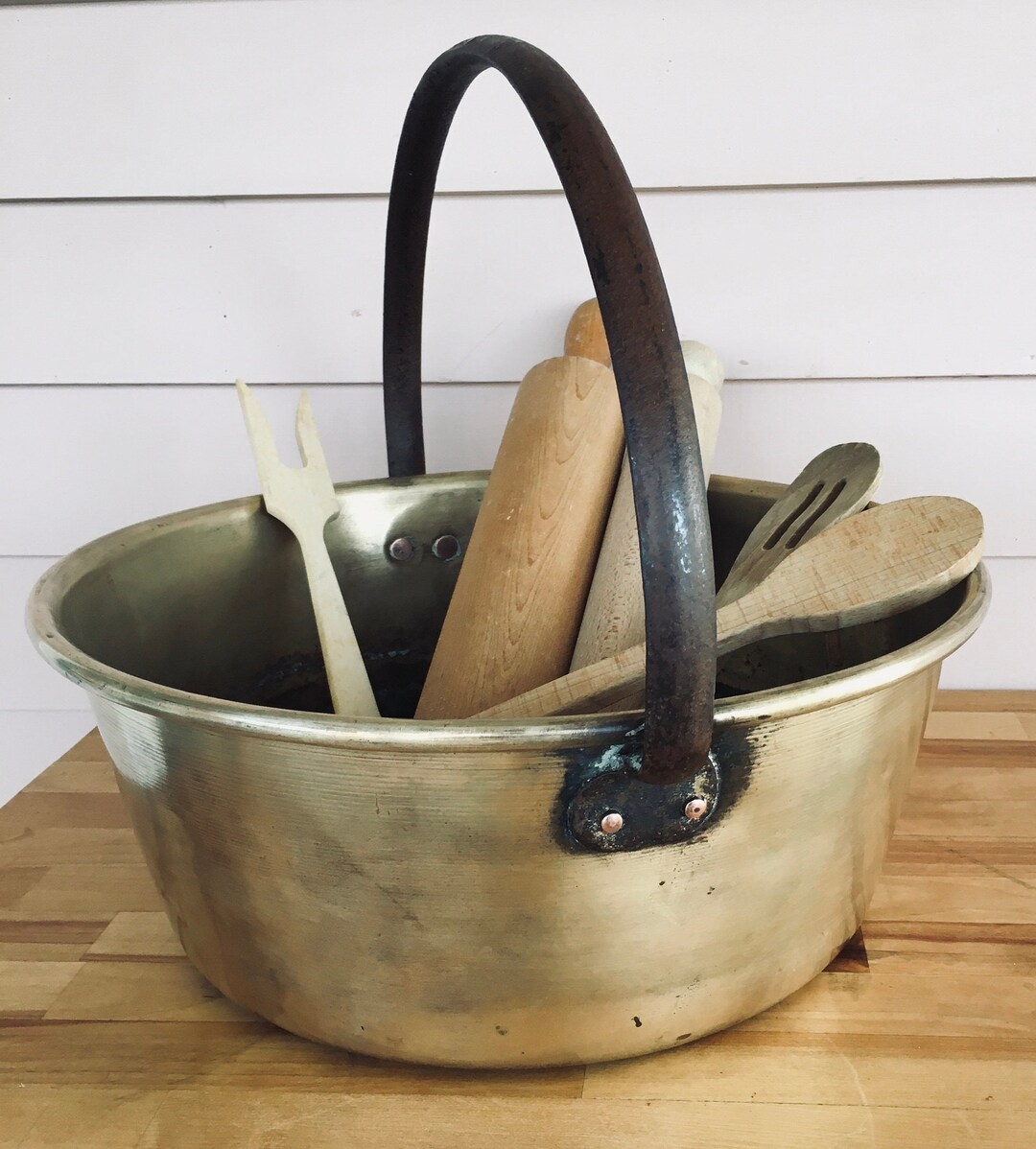 Antique Brass Jam Pan Large Fixed Iron Handle Kitchen Etsy
