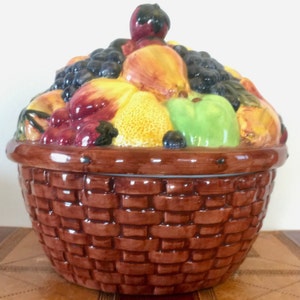 Vintage - Covered Fruit Basket Tureen - Country Orchard Fruit Bowl - by GEAR  1995