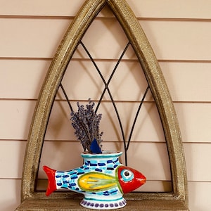 Vintage  Decorative Arched Wood and Metal Shelf - Handcrafted - Faux Stone Finish with Metal Accents - Iron Support Brackets