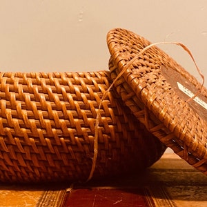 Vintage Rattan Woven Round Storage Basket with Lid - Sewing Basket - Catchall Basket - Handmade in Vietnam