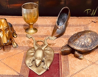Vintage Brass Turtle Match Box, Basset Hound Pipe Holder & Frog Clip