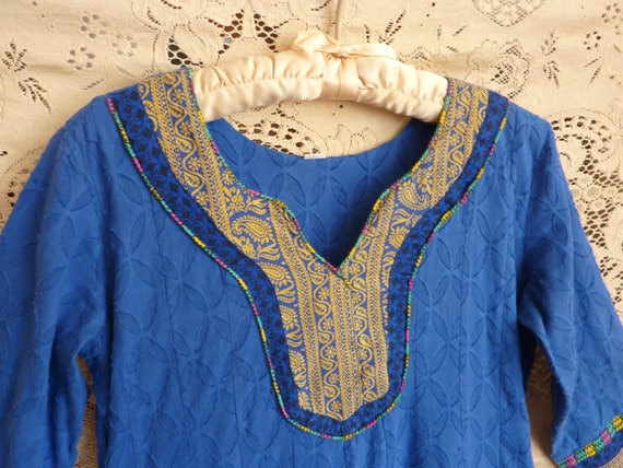 Blue India dress vintage textured cotton with blo… - image 7