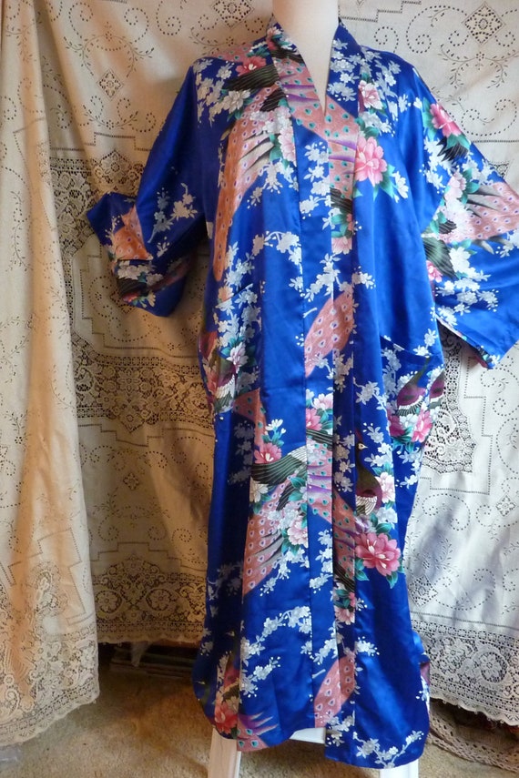 Japanese blue kimono, pink peacocks, pink, white … - image 6
