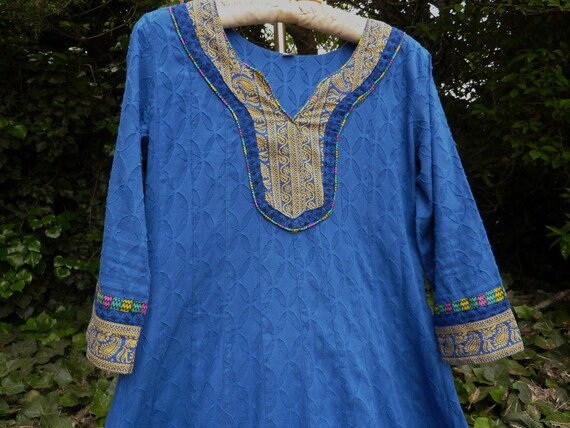 Blue India dress vintage textured cotton with blo… - image 8