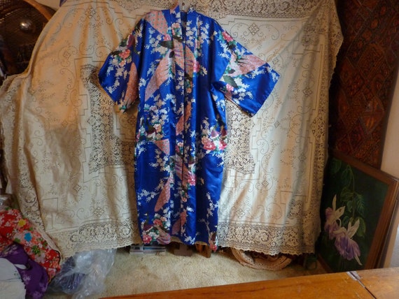 Japanese blue kimono, pink peacocks, pink, white … - image 3