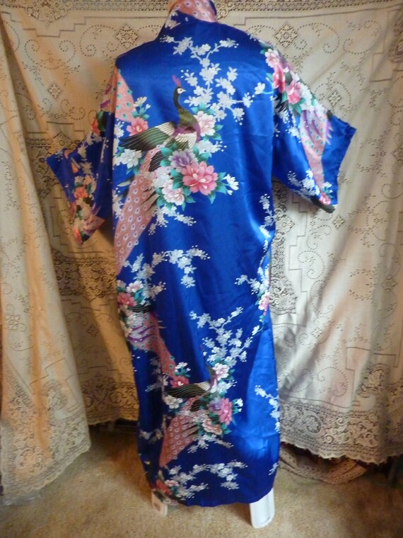 Japanese blue kimono, pink peacocks, pink, white … - image 2