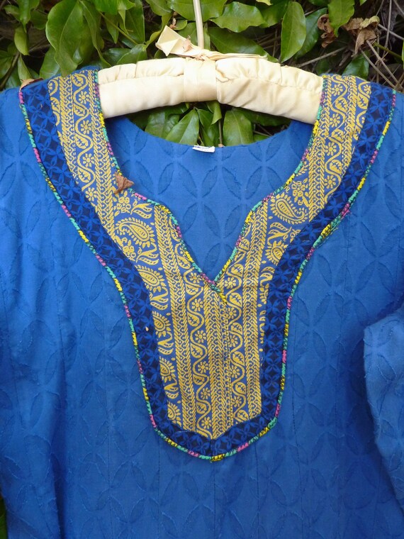 Blue India dress vintage textured cotton with blo… - image 3