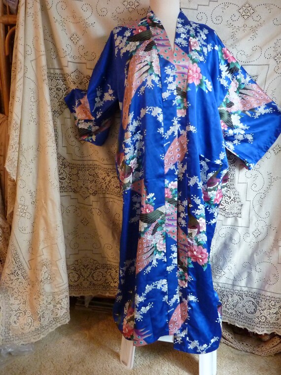 Japanese blue kimono, pink peacocks, pink, white … - image 5