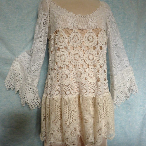 Boho lace tunic,shabby chic romantic,elegant vintage hand crocheted lace, gypsy whimsy art-to-wear unique tattered, shops fairy hand made, wedding