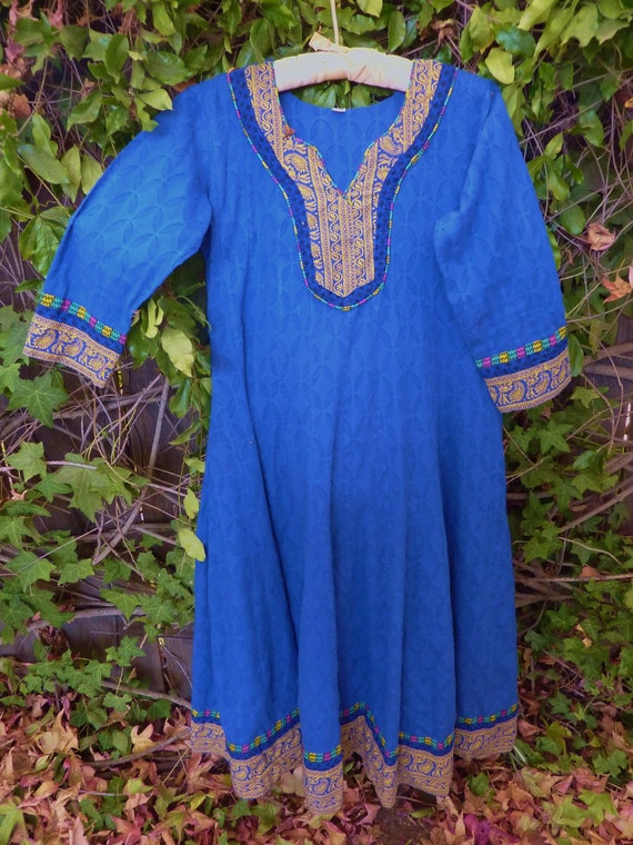 Blue India dress vintage textured cotton with blo… - image 2