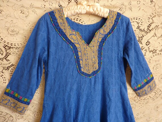 Blue India dress vintage textured cotton with blo… - image 5