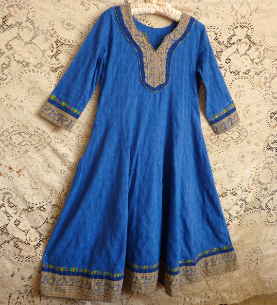 Blue India dress vintage textured cotton with blo… - image 1