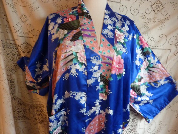 Japanese blue kimono, pink peacocks, pink, white … - image 7