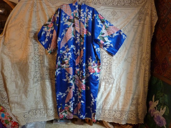 Japanese blue kimono, pink peacocks, pink, white … - image 1