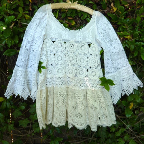 Boho lace tunic,shabby chic romantic,elegant vintage hand crocheted lace, gypsy whimsy art-to-wear unique tattered, shops fairy hand made, wedding