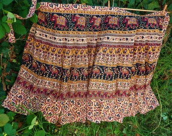 India lange wrap rok blok afdrukken, hippie, boho, vintage, katoen, beige mahogony goud zwarte kleuren,