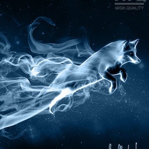 May include: A blue and white abstract illustration of a fox jumping through the air, surrounded by swirling smoke. The background is a dark blue with white stars.