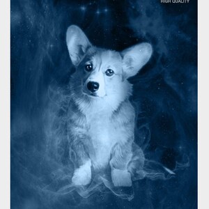 Puede incluir: Una ilustración digital de un perro corgi blanco sentado en una nebulosa azul y blanca. El perro mira al espectador con una expresión curiosa. El texto "HiQ HIGH QUALITY" está en la esquina superior derecha de la imagen. El texto "www.digitdreams.etsy.com" está en la parte inferior de la imagen.