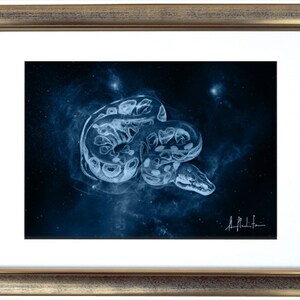 K&ouml;nnte beinhalten: Eine abstrakte Illustration einer Schlange in Blau und Wei&szlig; vor einem dunkelblauen Sternenhimmel.