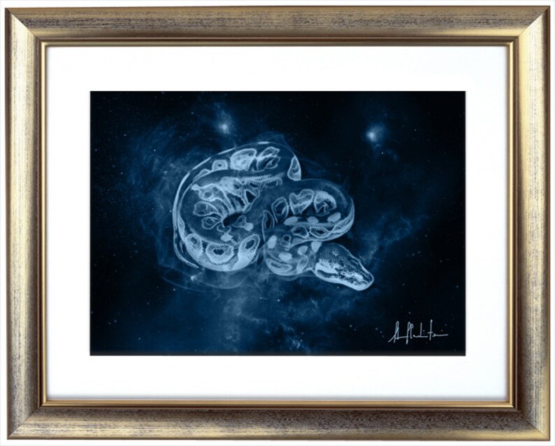 K&ouml;nnte beinhalten: Eine abstrakte Illustration einer Schlange in Blau und Wei&szlig; vor einem dunkelblauen Sternenhimmel.