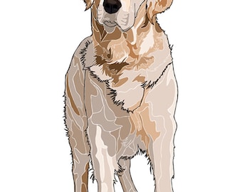 May include: A digital illustration of a golden retriever dog standing with its paws on the ground. The dog is looking directly at the viewer. The illustration is done in a style that resembles stained glass.