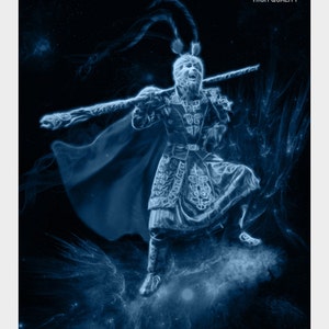 Pode incluir: Uma ilustração digital azul de uma figura de guerreiro com um bastão, sobre um fundo azul escuro estrelado. A imagem é estilizada com um efeito brilhante e etéreo. O texto "HiQ HIGH QUALITY" aparece no canto superior direito. O endereço do site "www.digitdreams.etsy.com" está na parte inferior da imagem.