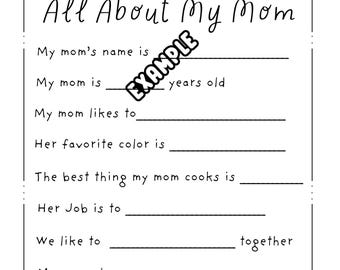 Mother&#39;s Day Quiz, All About My Mom, Preschool, Pre-k, Printable, Digital, File, Downloadable, Mother&#39;s Day, Digital File