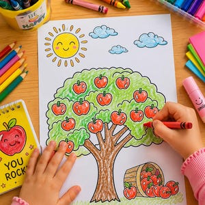 Op de afbeelding: Een kleurplaat met een boom met groene bladeren en rode appels, een gele zon met een gezicht en blauwe wolken. Een houten mand gevuld met rode appels staat aan de voet van de boom. Het blad is omringd door kleurpotloden, stiften en een notitieblok.