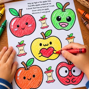 May include: A coloring page featuring cartoon apples with faces, including a red apple, a green apple, a yellow apple holding a red heart, an orange apple, and a red apple with glasses, alongside apple cores and the text Way up high in the apple tree.