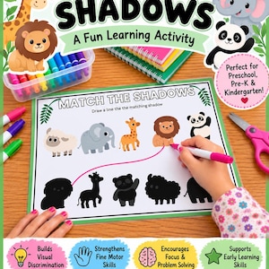 May include: A Match the Shadows learning activity worksheet featuring colorful illustrations of a sheep, elephant, giraffe, lion, and panda. The worksheet includes a matching exercise where a pink marker draws a line between the lion and its shadow.