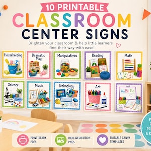 May include: A set of 10 printable classroom center signs featuring colorful borders and illustrations for Housekeeping, Dramatic Play, Manipulatives, Reading, Math, Science, Music, Technology, Art, and Alphabet. The text reads 10 PRINTABLE CLASSROOM CENTER SIGNS.